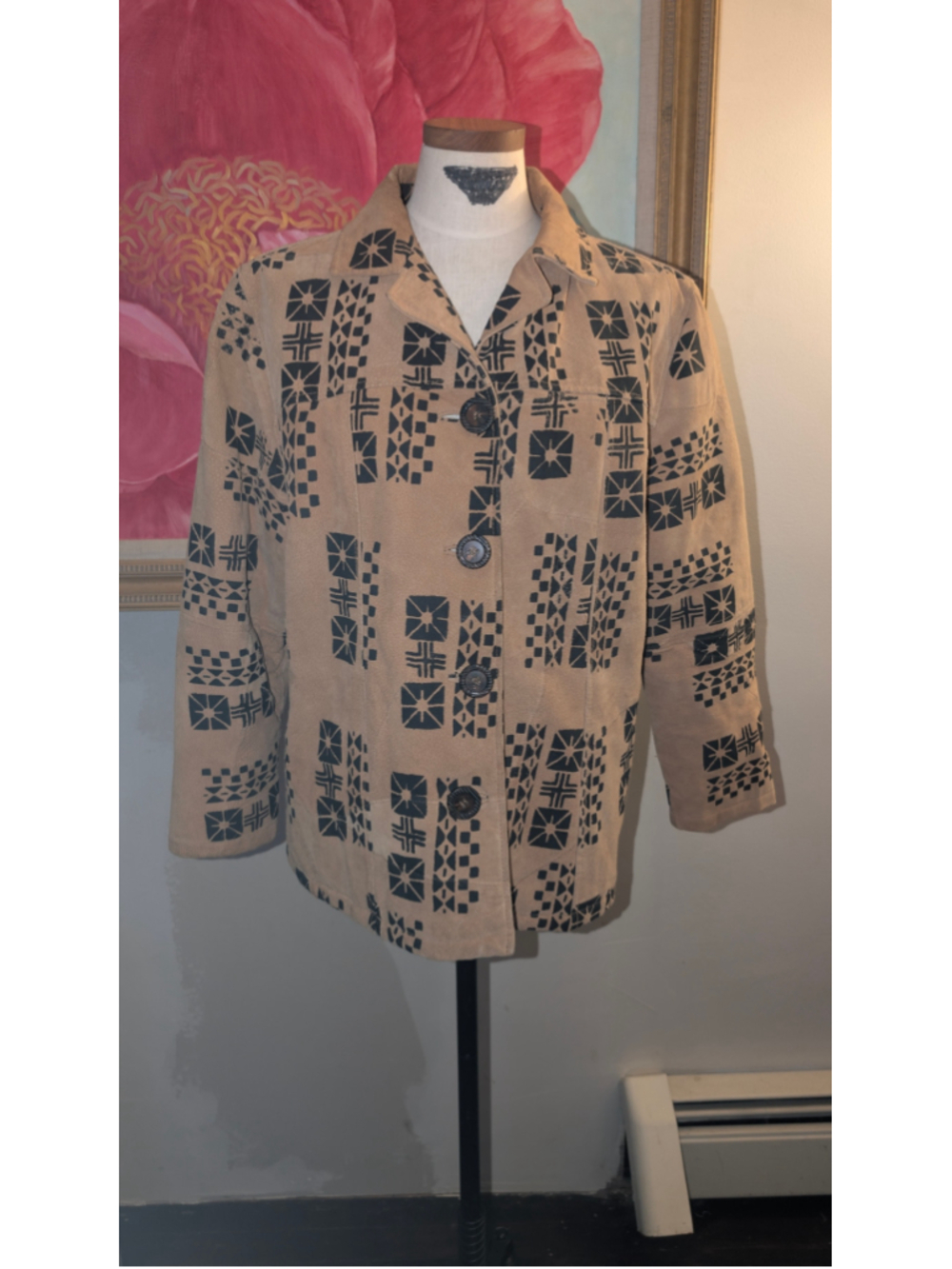 Women's Unbranded Suede Geometric Print Jacket, Size M, Beige and Black